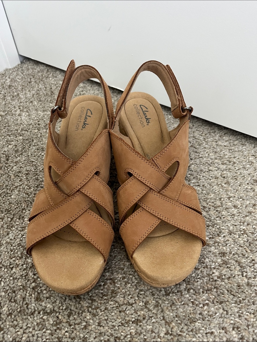 Clarks Tan Leather Crisscross Wedge Sandals